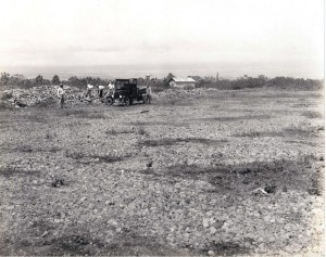 Workers clear rocks off the south end of the Hilo airfield, August 1927.  