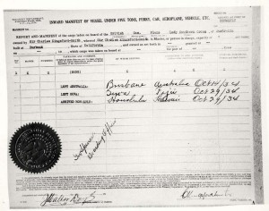 Manifest for Charles Kingsford-Smith's flight from Australia to Wheeler Field, October 29, 1934. 