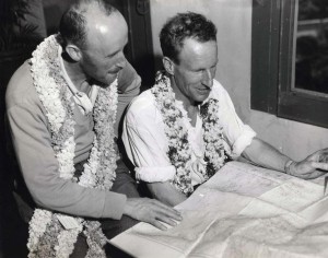 The Australian flying ace Charles Kingsford Smith flew with co-pilot Capt. P. G. Taylor from Suva, Fiji, to Wheeler Field, Honolulu, on October 29, 1934 in the Lady Southern Cross. They go over the flight chart. 