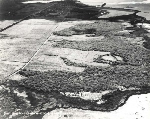 Aerial view of Hickam Field before construction, May 28, 1936. Originally known as Tracks A&B this property was acquired on April 3, 1935 at a cost of $1,095,54.78 from the Bishop, Damon & Queen Emma Estates. The area was 2,225.46 acres.  
