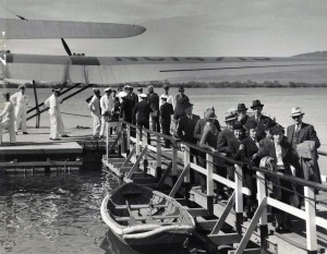 Pan American China Clipper passengers disembark in Pearl Harbor, 1930s.   