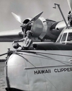 Patricia Kennedy christens the Pan American Hawaii Clipper with coconut water, at Pearl Harbor. May 1936  