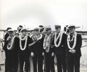Crew of the Pan American Clipper: W. T. Jarboe Jr, radioman; Henry E. Cannaday Junior Officer; R. O. H. Sullivan, Executive Officer; Capt. Edwin C. Musick; Fred J. Noonan, navigator; Victor A. Wright, Chief Engineer, April 20, 1935.  