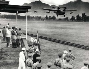 B-12 Bombers swoop down before Schofield Barracks reviewing stand as members of Congress looked on, September 3, 1935.