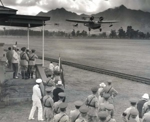 US Army Schofield Barracks 9-3-1935. One of the Army's new bombers swooped down before the reviewing stand at a recent display of the Army's forces in Hawaii as members of Congress looked over armed forces. It was the largest review ever held in America.  