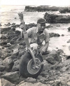 All that remains of one of the U.S. Army's fast pursuit planes is this wheel found floating 30 miles from Honolulu by Sam Suzuki. It is believed to be from a plane piloted by Lt. Watson Frutchey which disappeared during gunnery practice.