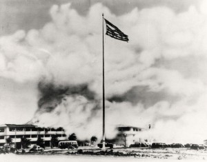 Flag still flies during bombing of Hickam Field, December 7, 1941.