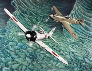 A -40 Warhawk pursues a Japanese A6M2 Zero-sen fighter on December 7, 1941. Artist TSgt. Bryan Lopatic.