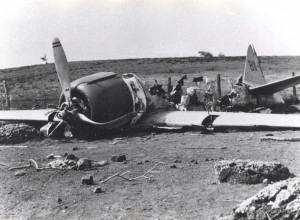 Japanese A6M2 Zero-Sen crash landed on Niihau. The plane was hit by ground fire while strafing Bellows. It was to rendevous near Niihau but the Japanese submarine was not on the surace. Short of gas, the pilot tried to land but tore off the landing gear on a fence and stone wall. 