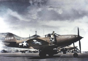 P-390 of 333rd Fighter Squadron, 318 Fighter Group, on flight line at Bellows Field, 1943.        
