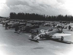 Republic P-47 Thunderbird 318th Fighter Group lined up in parking area on Bellows Field, May 15, 1944.