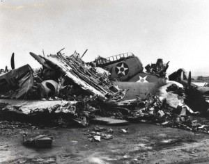 A heap of wrecked planes at Wheeler Field caused by Japanese bombings on December 7, 1941.   