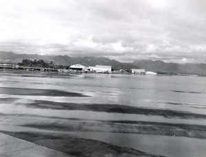 Honolulu International Airport as taken from Building 148 looking toward the Hawaiian Airlines Terminal, March 6, 1958.