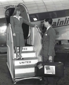 George McLean, executive secretary of the Hawaii Statehood Commission, is welcomed aboard a United Airlines plane at Honolulu International Airport to go to Washington, D.C., 1950s. 