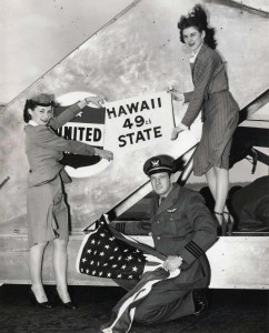 United Airlines flight attendants at Honolulu International Airport ready flight for Hawaii Statehood Commission flight to Washington, D.C., 1950s