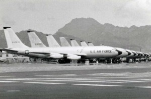 Boeing KC-135 jet tanks lined Hickam Air Force Base field, 1965.  