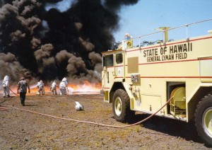 Aircraft Rescue and Fire Fighting hot fire drill, General Lyman Field, Hilo, Hawaii, 1983.
