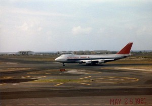 Northwest Orient Airlines landing at Honolulu International Airport, 1985.  