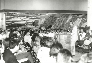 Governor John Waihee addresses the crowd at the dedication of the new Lihue Airport Terminal, Kauai, February 25, 1987.   