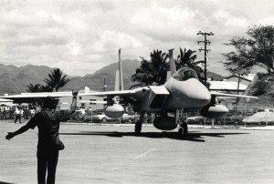 The first two of 26 F-15 Eagles for the Hawaii Air National Guard arrive at the 154th Composite Group Hangar, Hickam Air Force Base, and were draped with maile lei, March 11, 1987.  