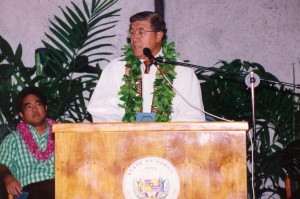 The Rev. William Kaina gave the blessing at the dedication of the new baggage claim facilities at Honolulu International Airport, 1994.