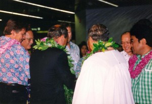 Untying the maile lei at the dedication of the new baggage claim facilities at Honolulu International Airport, 1994.