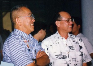 Hawaii Airports Administrator Owen Miyamoto and former Director of Transportation Edward Hirata, at the dedication ceremony for the baggage claim facility at Honolulu International Airport, 1994.