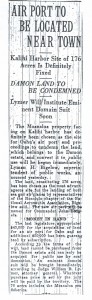 Air Port to be Located Near Honolulu, 9-14-1925