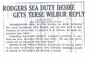 Rodgers Sea Duty Reply Gets Terse Wilbur Reply, 9-15-1925