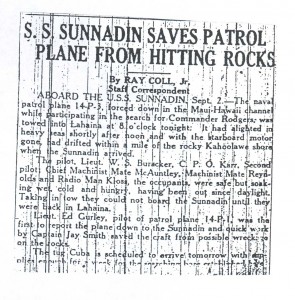 SS Sunnadin Saves Patrol Plane From Hitting Rocks, 9-3-1925