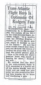 Trans-Atlantic Flight Hero Is Optimistic of Rodgers' Fate, 9-3-1925