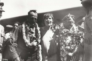 Dole Derby runner-up Martin Jensen and his wife, and navigator Paul Schluter at Wheeler Field, August 17, 1927.
