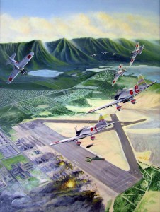 Drawing of Hickam Field with Japanese planes flying over, December 7, 1941.